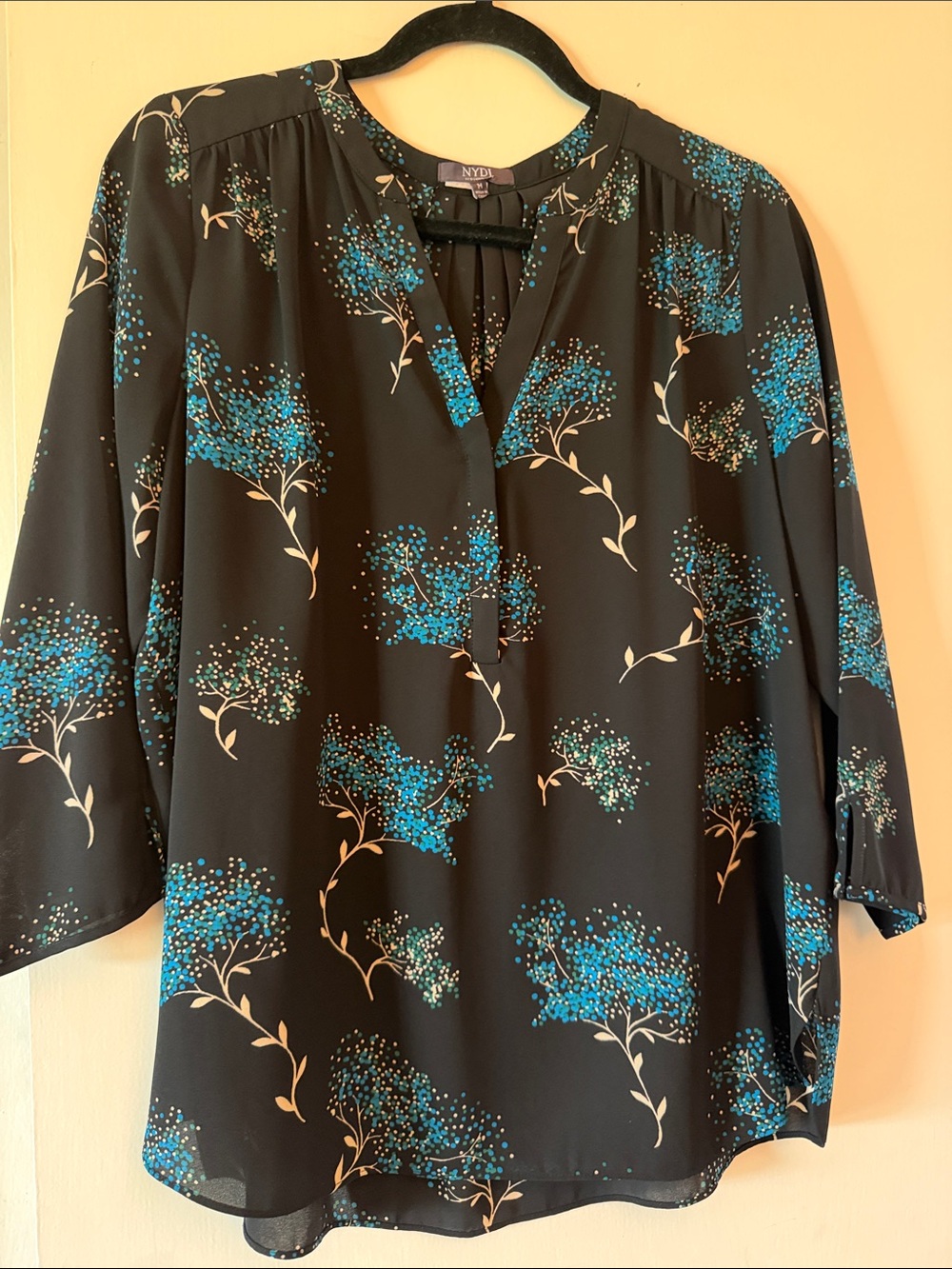NYDJ Black Blouse with Blue Floral Sprigs